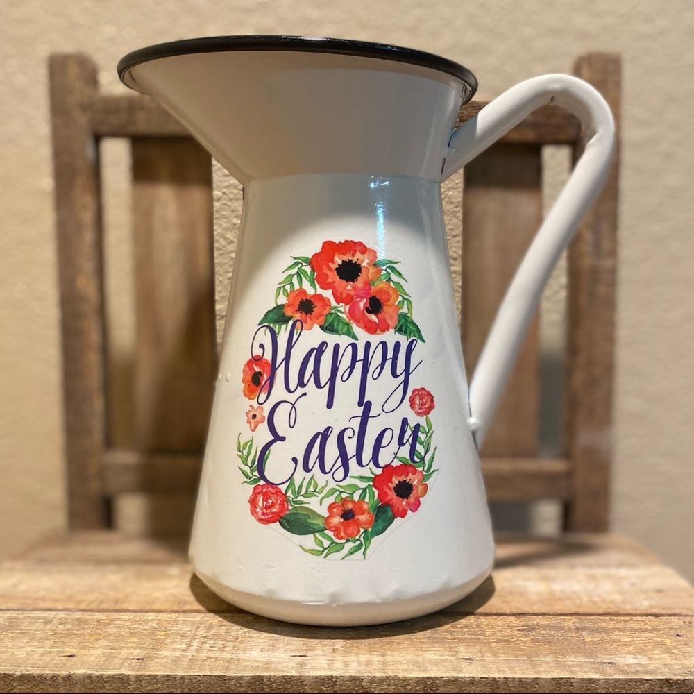 Easter Pitcher, Happy Easter Metal Pitcher With A Floral Wreath Design, Easter
